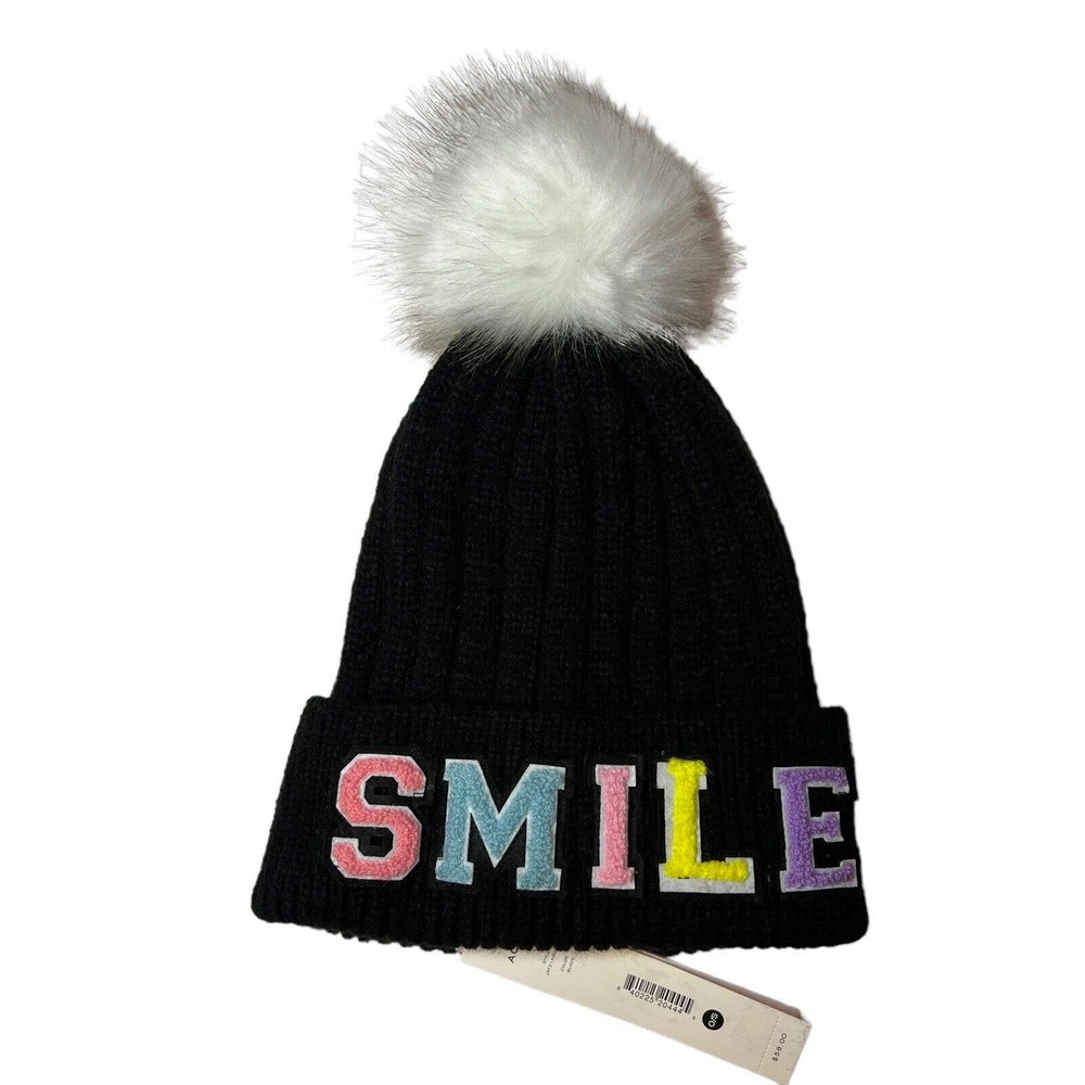 Aqua Pom Pom Smile Knit Hat New